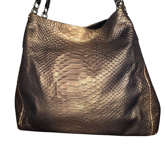 Coach Ombre Gold Metallic Python Embossed Leather Shoulder Bag Dual Black Handle - Picture 2 of 12